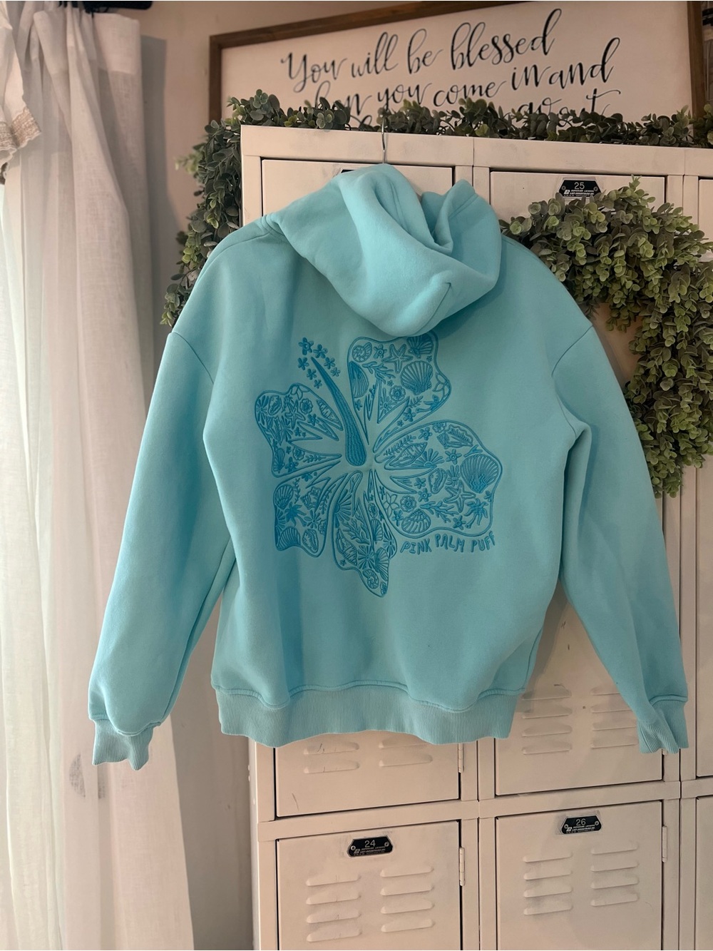 Pink Palm Puff Light Aqua Graphic Hoodie with Floral Hibiscus Back